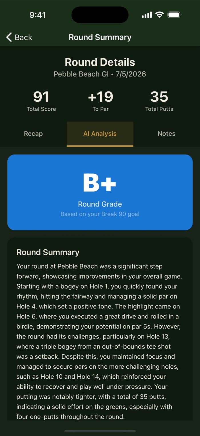 HoleRecord AI round analysis showing a B+ grade