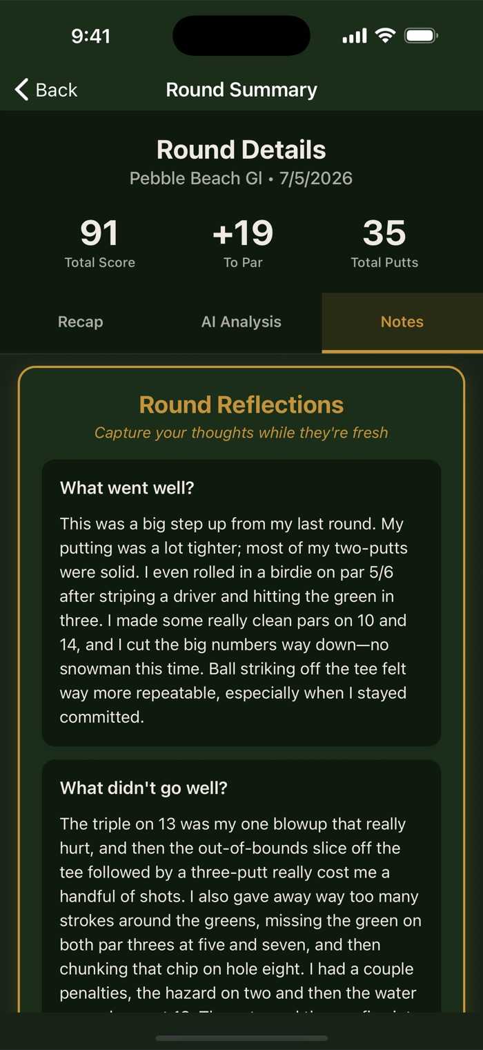 HoleRecord post-round reflections capturing what went well and what didn't