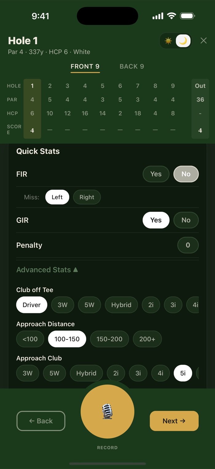 Shot-level stat tracking in HoleRecord — fairways, greens, clubs, penalties